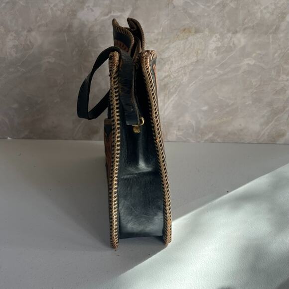 Vintage Handbag Handmade Black & Brown Leather Hand Tooled Floral - Picture 3 of 16